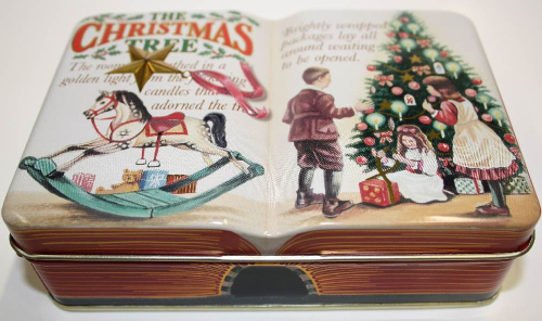 Weihnachtliche Metalldose in Form eines Buches